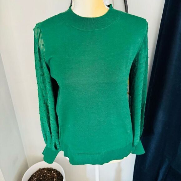 CeCe Clip Dot Sleeve Sweater, Holiday Christmas Party Top, Green, Size Small NWT - Picture 6 of 10